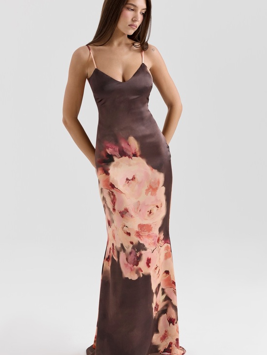 House of CB Dresses & Skirts - House of CB Brown Maxi Slip Dress with Blush Floral Print